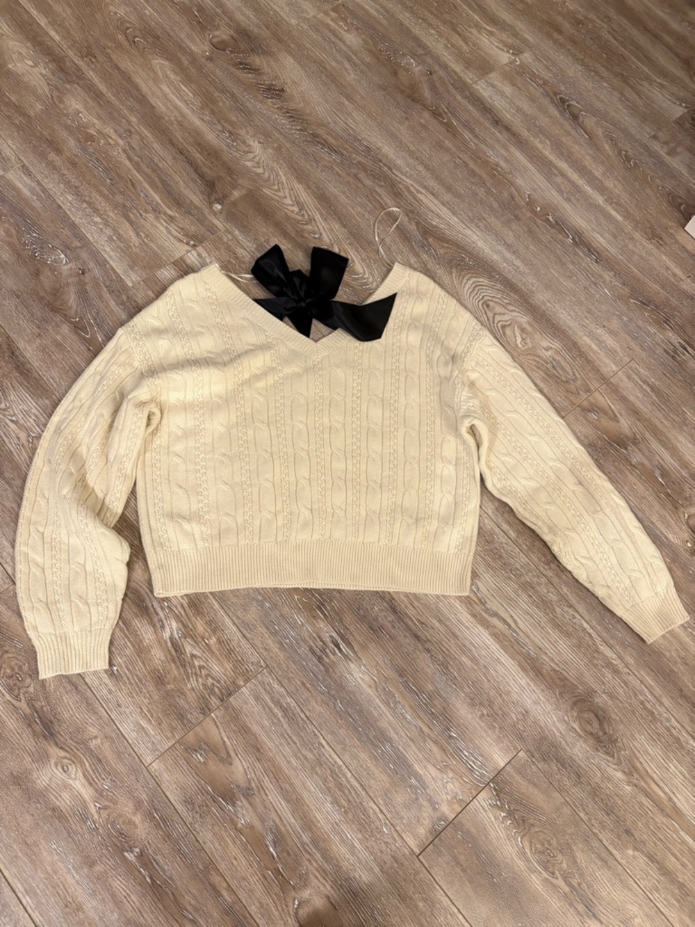 bp Cream Cable-Knit Off-the-Shoulder Sweater with Black Bow
